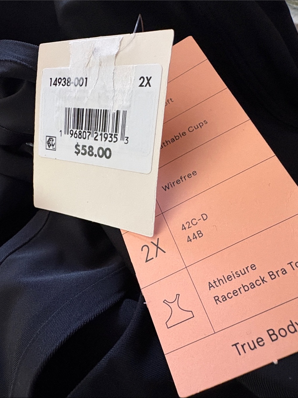 True & Co True Body Athleisure Racerback Bra Top Black 2X New